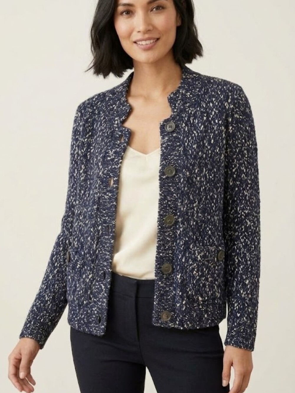 J. Jill Navy Tweed Knit Notch Collar Lady Jacket Cardigan Sweater XS